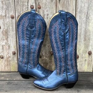 Vintage Larry Mahan Iridescent Metallic Blue Women's Tall Cowboy Boots